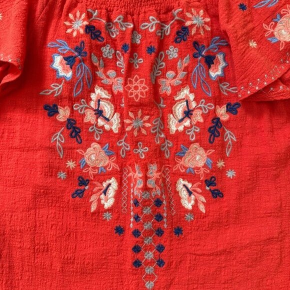 Umgee Boho Embroidered Mini Dress Coral Orange Beachy Crepe Lightweight Sz S - Picture 9 of 14